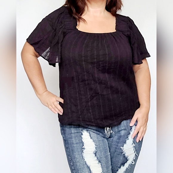 Zac&Rachel Women Top Blouse Cotton/Rayon Layered Square Neck Flowy Black 1X - Picture 1 of 16